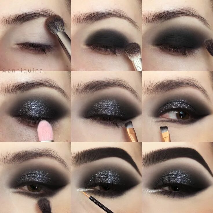 Пошаговый макияж для брюнеток фото Glittering Black Smokey Eye Makeup Tutorial