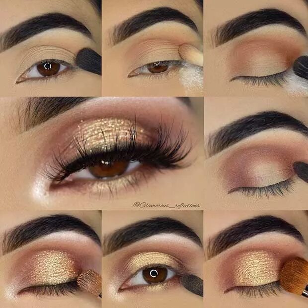 Пошаговый макияж для темно карих глаз Gold Glitter Eye Makeup Tutorial for Brown Eyes Блестящие глаза, Золотой макияж 