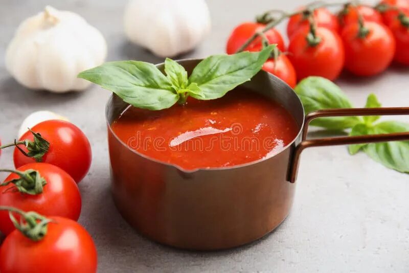 Пошаговый рецепт с фото томатного соуса Pan of Tasty Tomato Sauce with Basil on Grey Table Stock Photo - Image of health