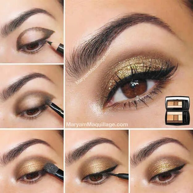 Пошаговый вечерний макияж для карих 23 Eyeshadow Basics Everyone Should Know Gold eye makeup, Eyeshadow basics, Gold