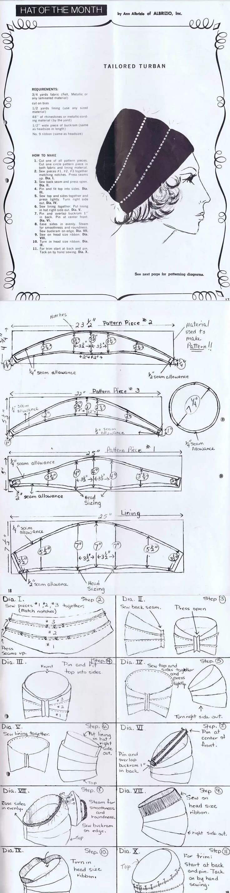 Пошив чалмы своими руками выкройки Vintage 70s Tailored Turban Free Millinery Hat Pattern Выкройки шляп, Шитье, Вык