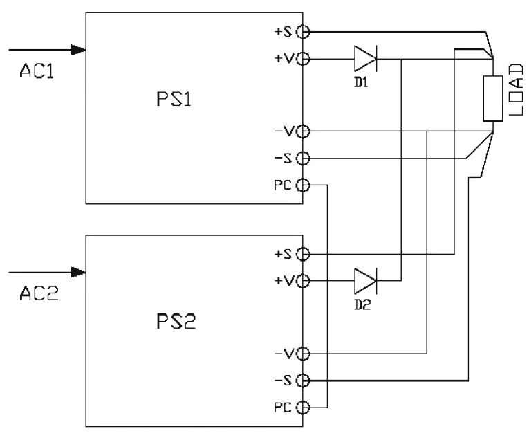 Последовательное подключение импульсных блоков питания Защита источников с распределением тока / 2.6. Соединение преобразователей и ИИП