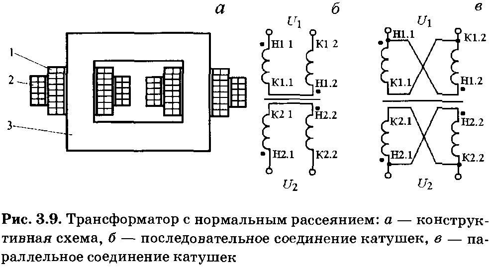 Последовательное подключение первичных обмоток двух трансформаторов 14. Трансформатор с нормальным магнитным рассеянием. Общее устройство, основные 