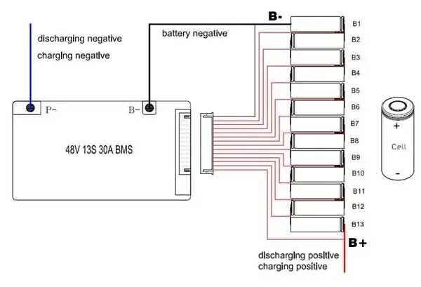 Последовательность подключения 4 аккумуляторов на электровелосипеде 48 В 30A BMS 13 S PCM литий-ионный аккумулятор система управления 13 S 48 В лити