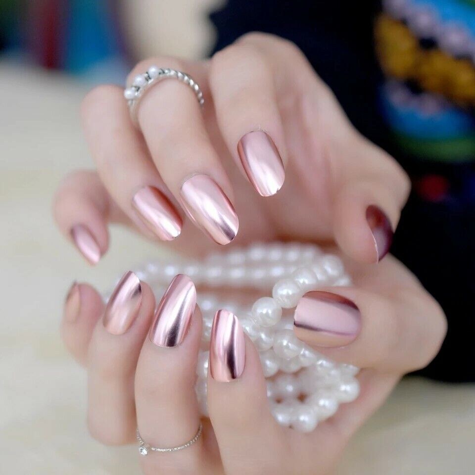 Посмотреть красивый маникюр на среднюю длину Rose Gold Nails Chrome Press On Nails Mirror Shiny Soft with glue eBay