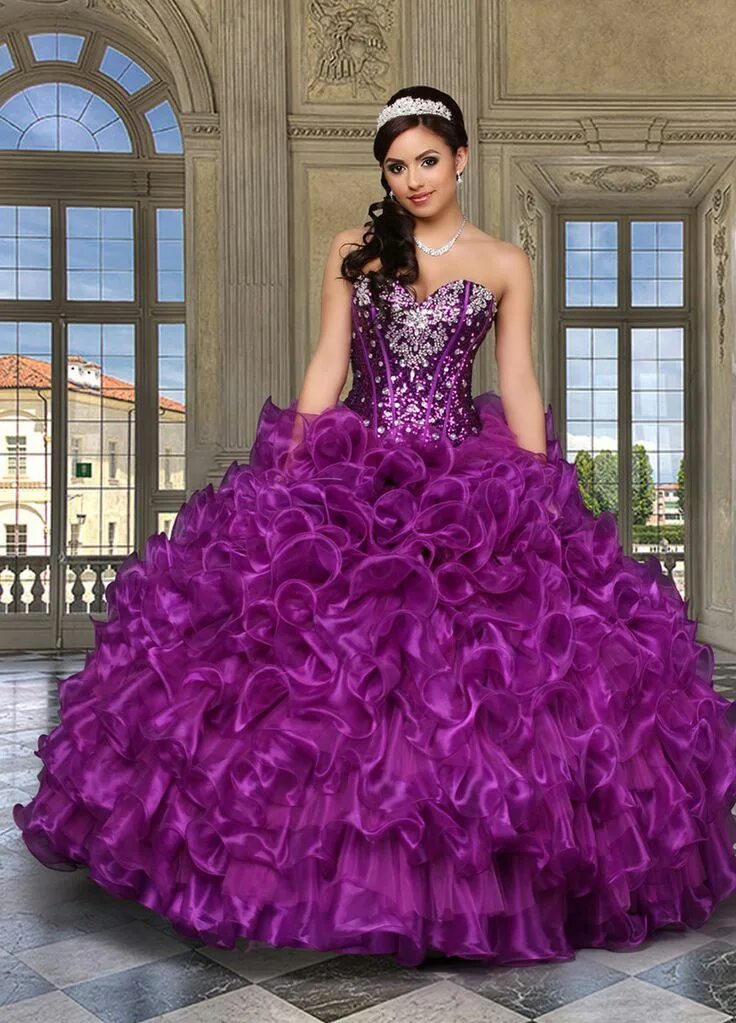 Посмотреть платья фото MZ0446 The Most Beautiful 2014 Ball Gown Crystals Rhinestones Purple Western Qui