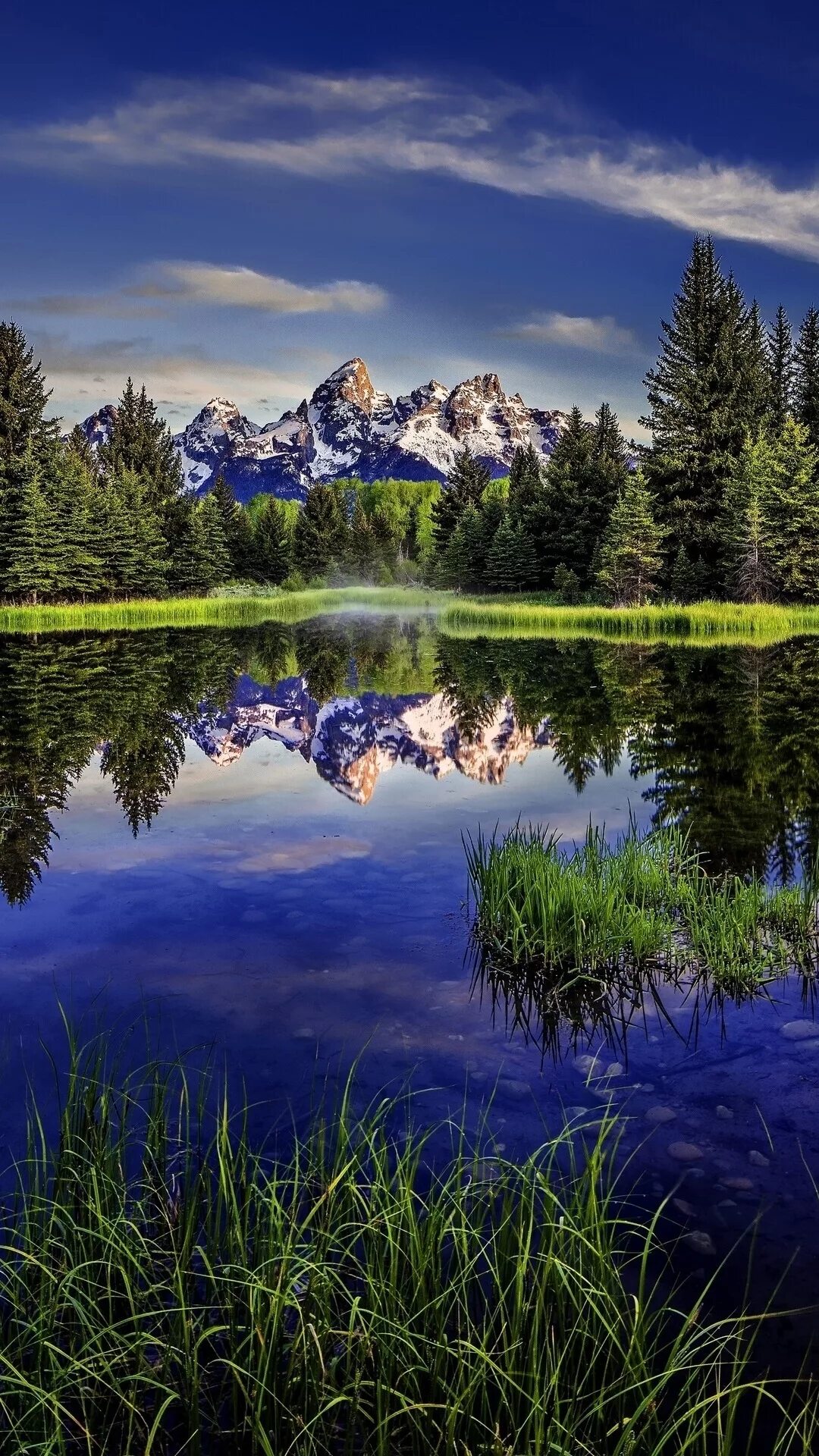 Поставить фото обои на телефон Wallpaper Grand Teton National Park, Wyoming, mountains, lake, reflection, fores