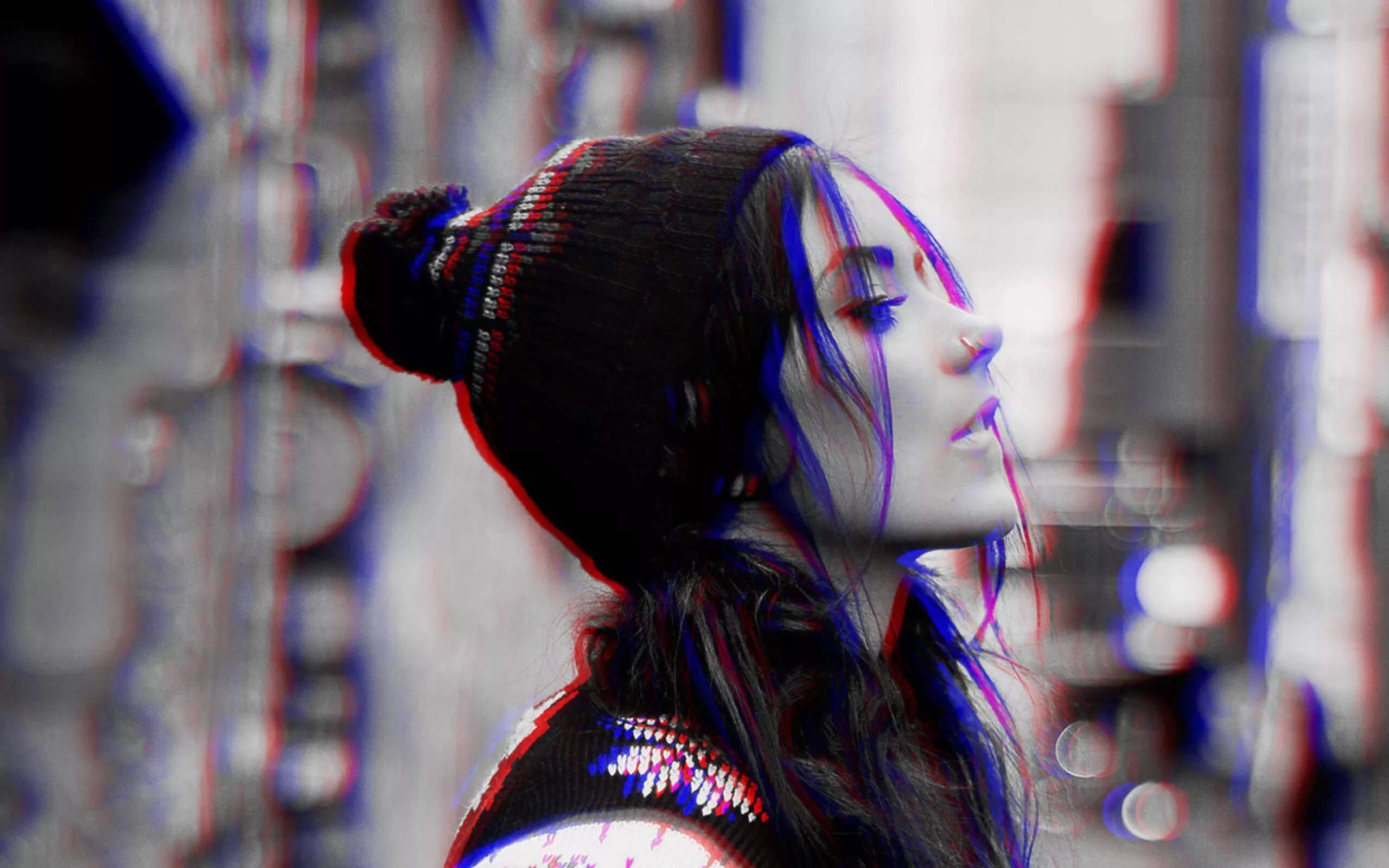 Поставить синий эффект на фото Wallpaper : women, red, photography, blue, fashion, clothing, head, anaglyph 3D,