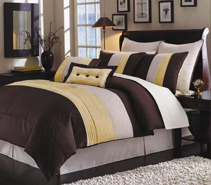 Постельное белье в интерьере спальни фото brown and yellow bedroom - Google Images Brown comforter sets, Bedroom green, Co