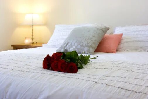 Постельные фото цветов Red Roses On A Bed Stockfoto en meer beelden van Bed - iStock