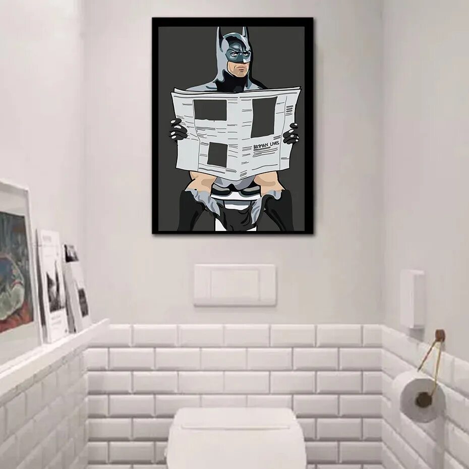 Постер для туалета фото Cartoon poster&print superhero/man read newspaper in the toilet painting washroo