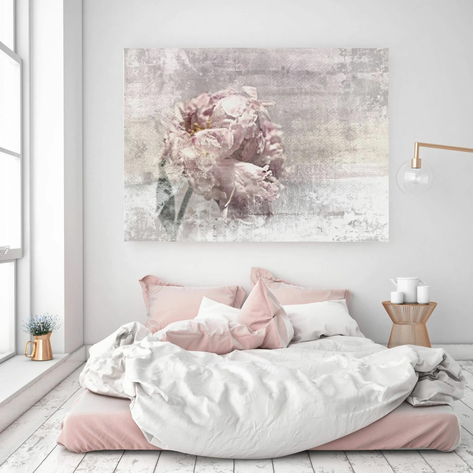 Постер в интерьере спальни Romantic Peony 1 Shabby Pink Gray Rustic Peony Shabby Chic - Etsy Textured canva