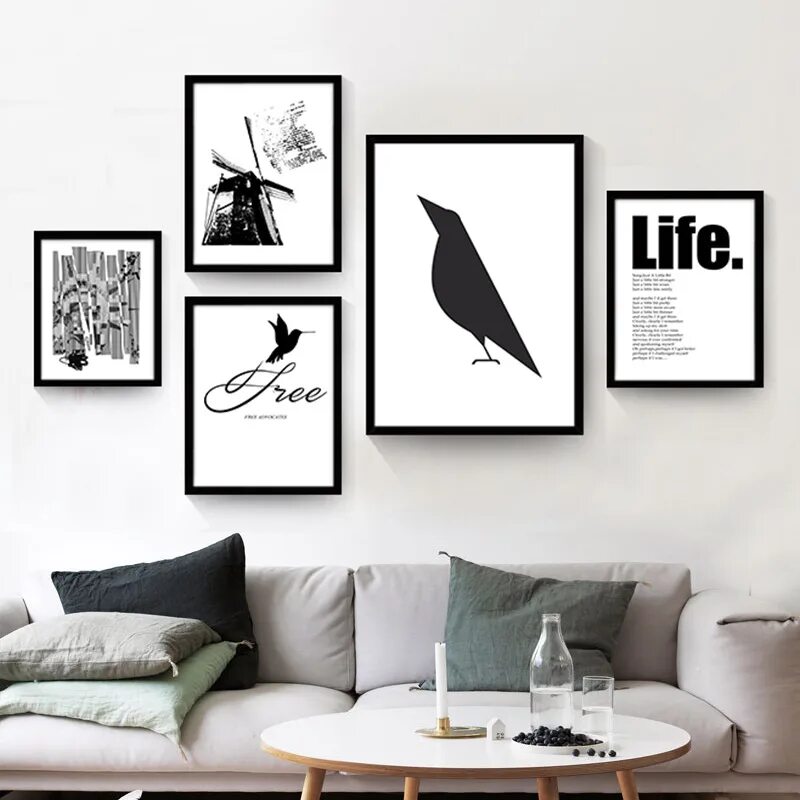 Постеры для интерьера распечатать черно белые Modern Nordic Minimalist Black White Animals Bird Art Print Poster Abstract Wall