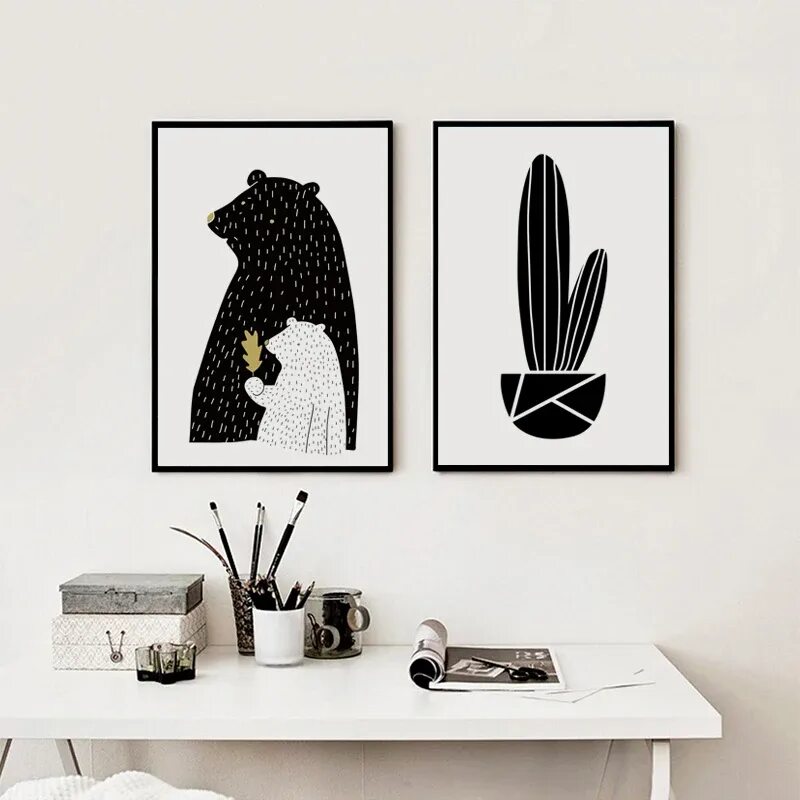 Постеры для интерьера распечатать черно белые 07g Black And White Abstract Cactus Bear A4 A3 A2 Canvas Art Painting Print Post