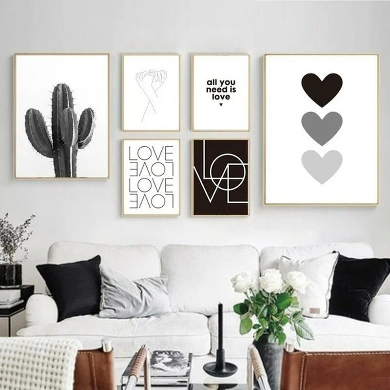 Постеры на стену декор Canvas Painting Cactus Love Hearts Black And White Wall Posters And Prints Minim