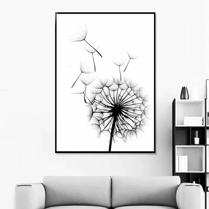 Постеры на стену для интерьера черно белые Delightful Minimalist Dandelion & Feather Black & White Fine Art Canvas Prints i