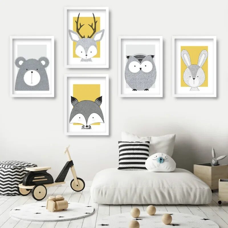 Постеры на стену для интерьера детские Nursery Art Animals Gallery Wall Art Prints Yellow Bear Fox Deer Owl Rabbit Scan