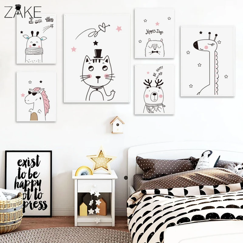 Постеры на стену для интерьера детские Giraffe Bear Cat Animal Posters and Prints Canvas Art Painting Wall Art Nursery 