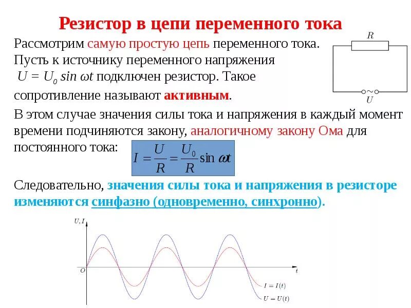 Постоянный переменный электрический ток электрические схемы Ток и напряжение совпадают по фазе