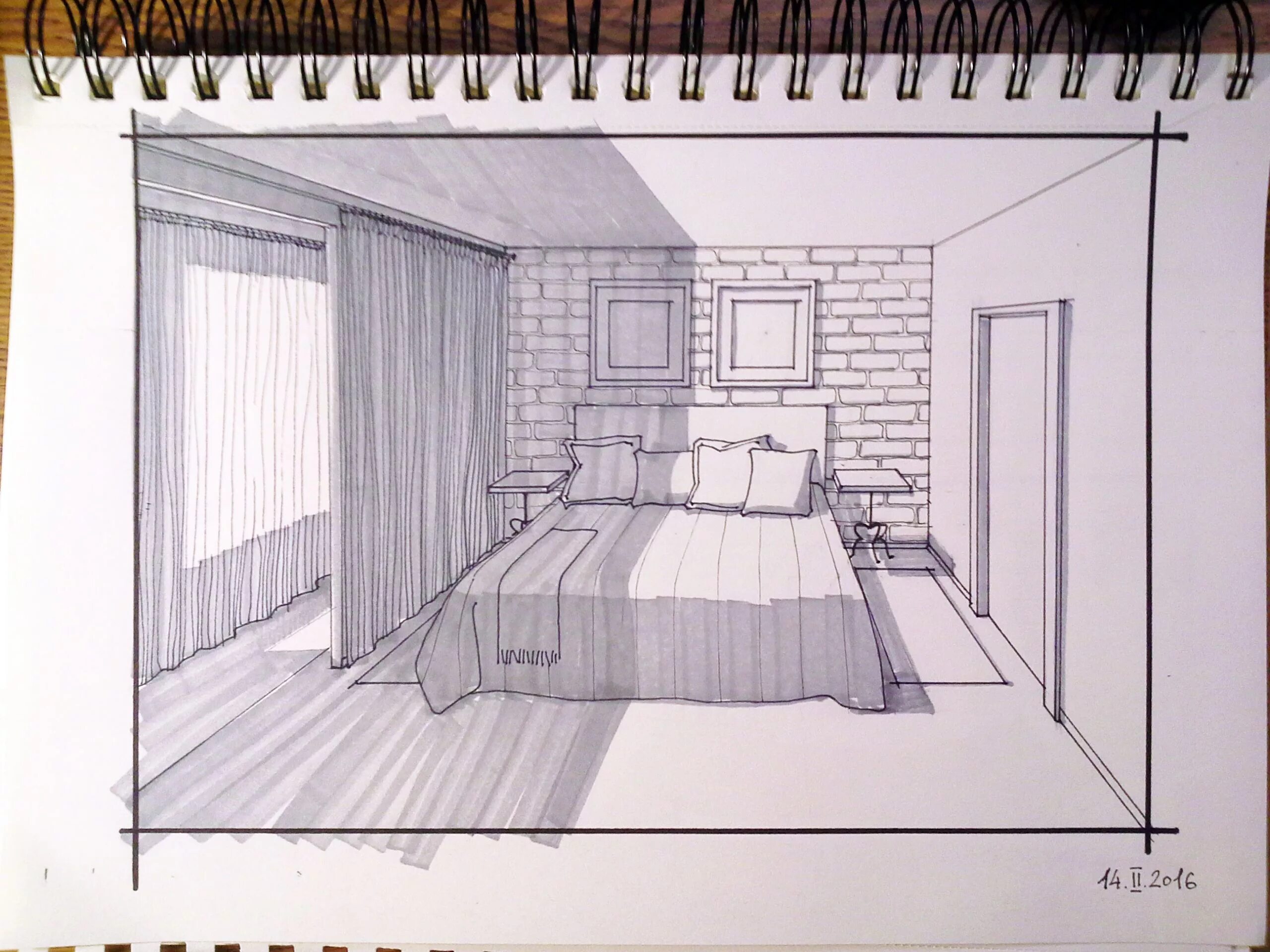 Построение интерьера комнаты Drawing of a Bedroom with Brick Walls