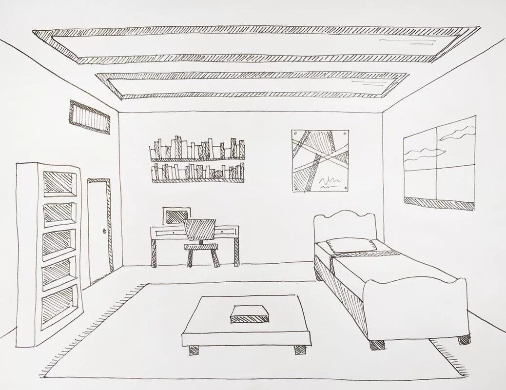 Построение интерьера комнаты Drawing a Room Using One-Point Perspective Perspective room, Perspective drawing