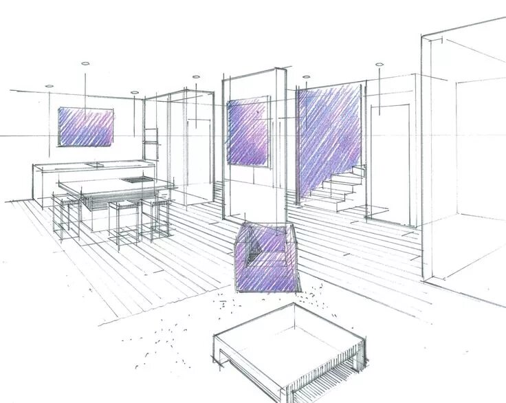 Построение интерьера комнаты Croquis et perspective en salon et salle à manger. Philippe Ponceblanc Architect