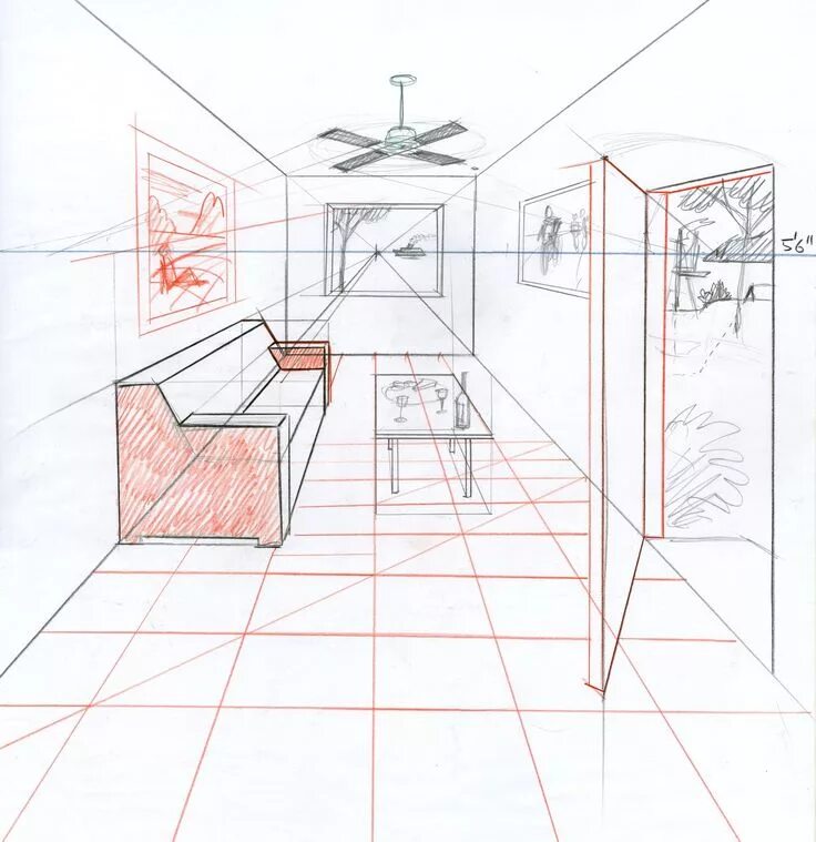 Построение перспективы интерьера комнаты Jon Messer's Perspective Class Interior architecture drawing, Perspective drawin