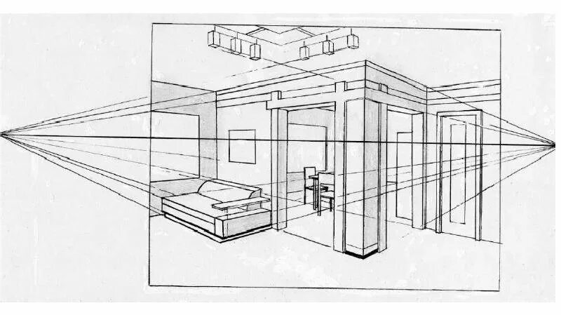 Построение перспективы интерьера комнаты Центральная перспектива в рисунке
