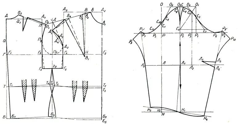 Построение спущенного рукава на выкройке основе 11. Построение чертежа платья с углубленной проймой 1985 Азарова М.Н. - Женская 