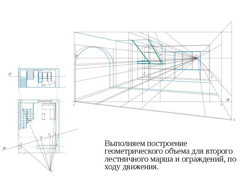 Построение угловой перспективы интерьера Построение перспективы интерьера (угловая перспектива) (по одной точке схода) - 