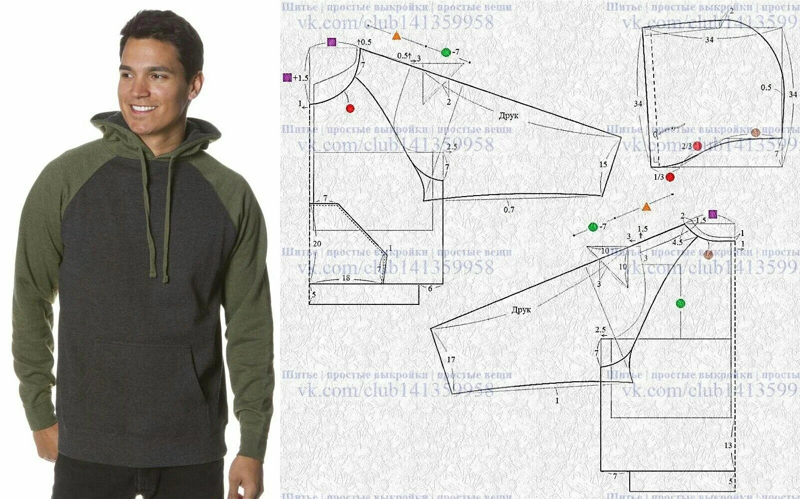 Построение выкройки худи с капюшоном мужская Шитье простые выкройки простые вещи. Запись со стены. Jacket pattern, Hoodie pat