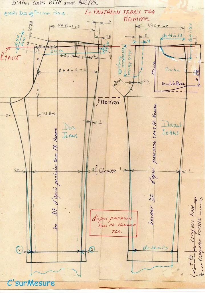 Построение выкройки мужских джинс C'Hom : tracer le pantalon jean basique. - C'sur Mesure Pantalon à motifs, Mode 
