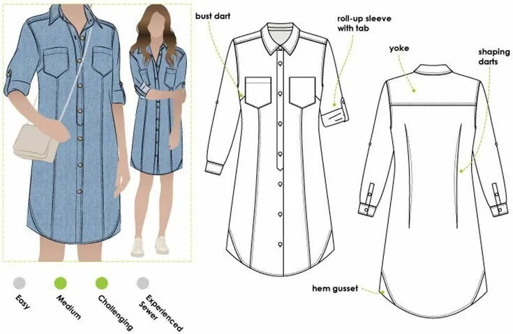 Построение выкройки платья рубашки Italia Shirt Dress // Sizes 6, 8 & 10 // Women's Shirt Dress Downloadable PDF Se