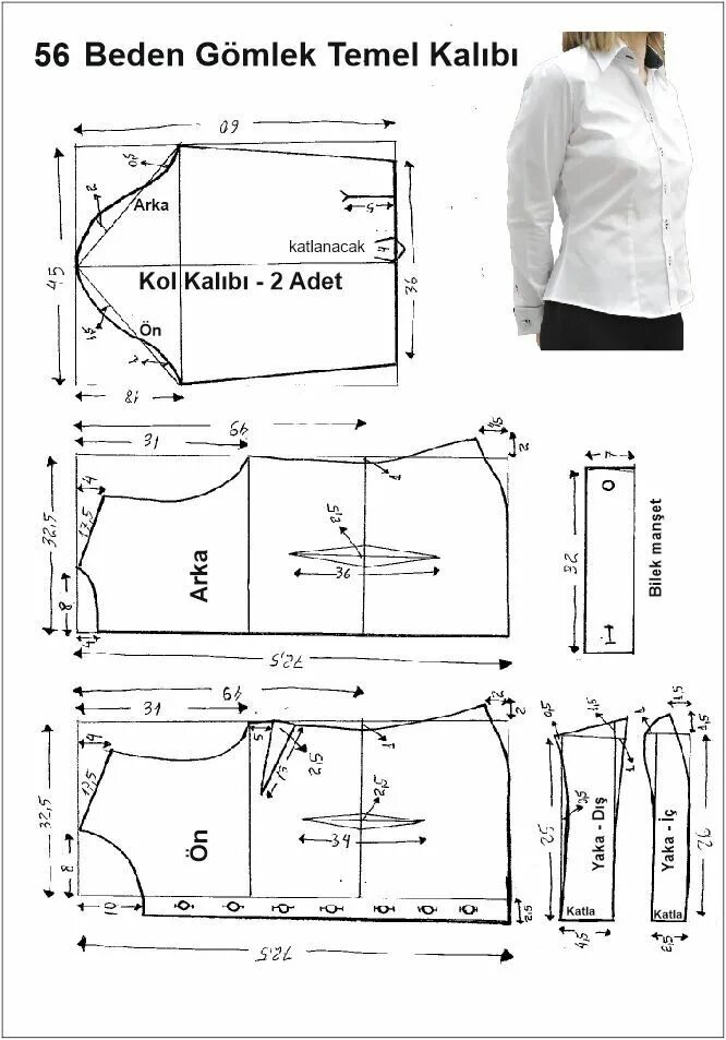 Построение выкройки рубашки женской Bayan Gömlek - Ölçülerle Temel Kalıplar ( 36 - 56 Tüm Bedenler 7C5 Shirt sewing 