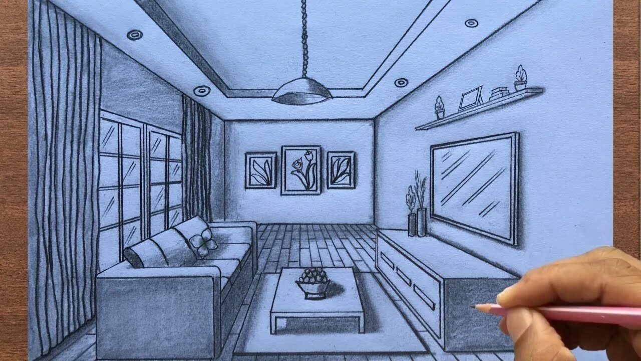 Построить интерьер комнаты How to Draw a Living Room using 1-Point Perspective step by steps Room perspecti