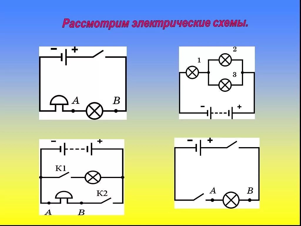 Построить схему электрической цепи онлайн Презентация "Электрические цепи и их элементы" по физике - скачать проект