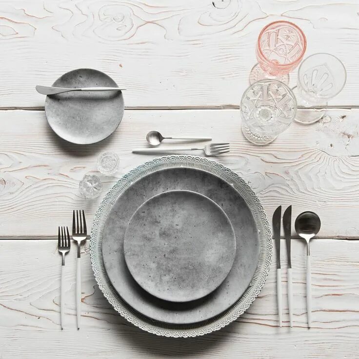 Посуда для кухни в стиле лофт Tuesday morning mockup with our Dusty Blue Lace Chargers + Concrete Dinnerware +