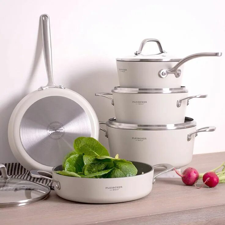 Посуда машина фото Fleischer & Wolf White Pots and Pans Sets, Nonstick Cookware Set 9pcs, Aluminum 