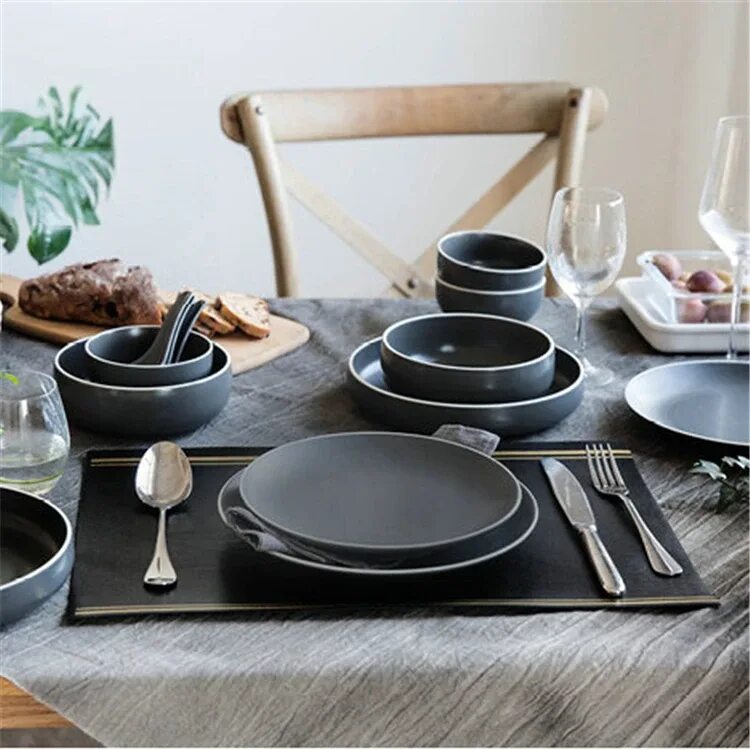 Посуда на столе фото Household European Style Grey Dish Plates Ceramic Plate Set Porcelain Dinnerware