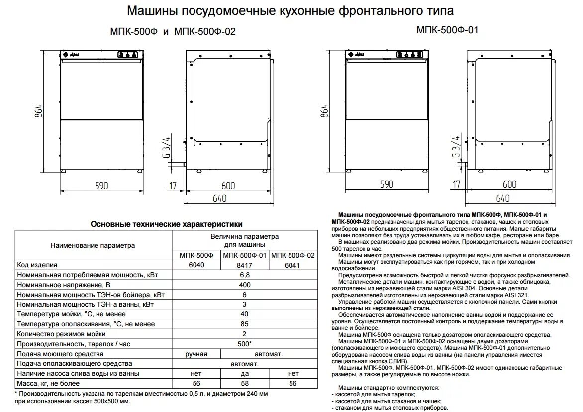 Посудомоечная машина мощность подключения Машина посудомоечная МПК-500Ф