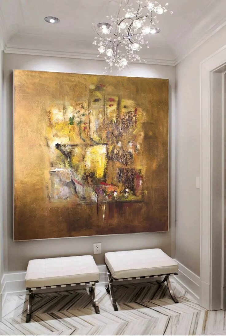 Поталь на стене в интерьере Large Abstract Oil Painting Oversize Painting Gold Painting Orange Painting Wall