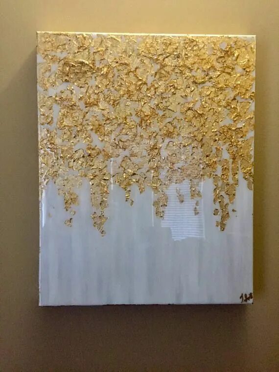 Поталь на стене в интерьере 16x20 Gold Leaf Art, Gold Leaf and White Metallic Abstract Painting with Resin C