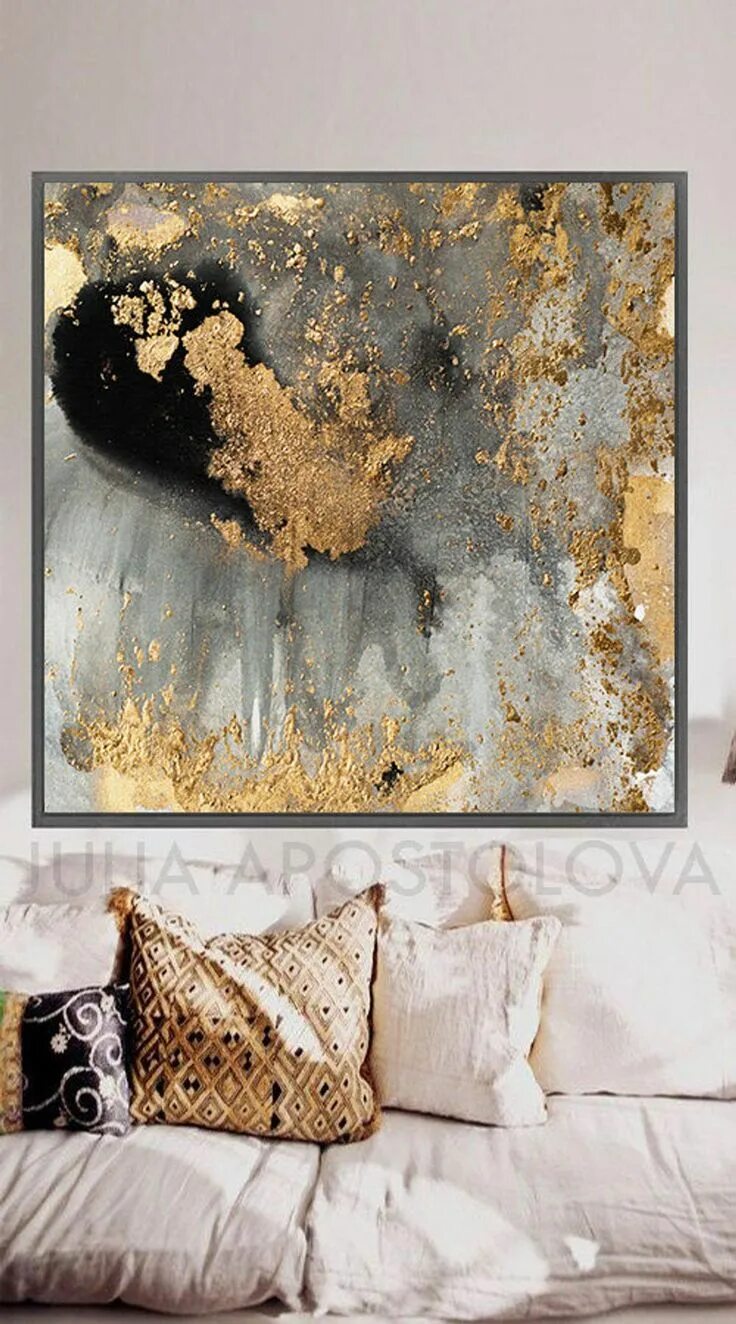 Поталь на стене в интерьере 45'', Gray Gold and Black, Watercolor Large Goldleaf Reproduction Abstract Wall 