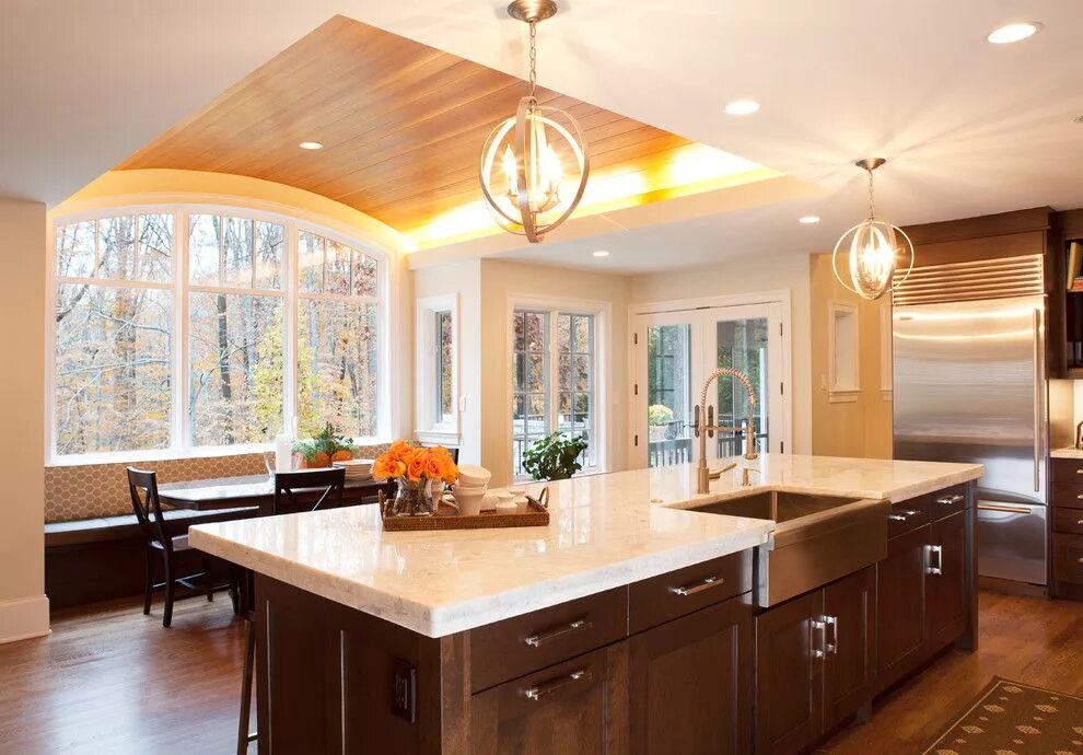 Потолки на кухне варианты в доме Creative-Kitchen-Decorations-With-Recessed-Light-On-Curved-Wood-Ceiling-And-Usin