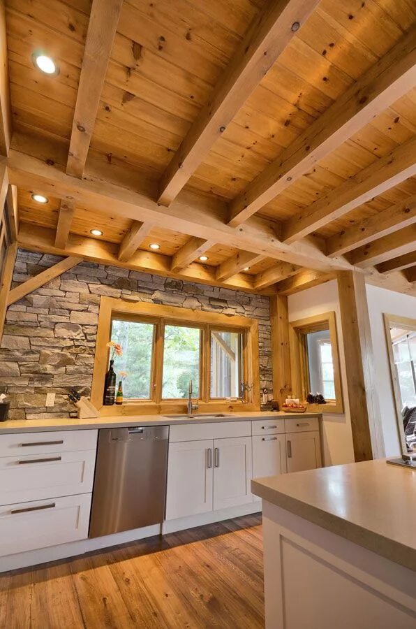 Потолки в каркасном доме варианты отделки Timber Frame Interior Design - Normerica Authentic Timber Frame Log home kitchen