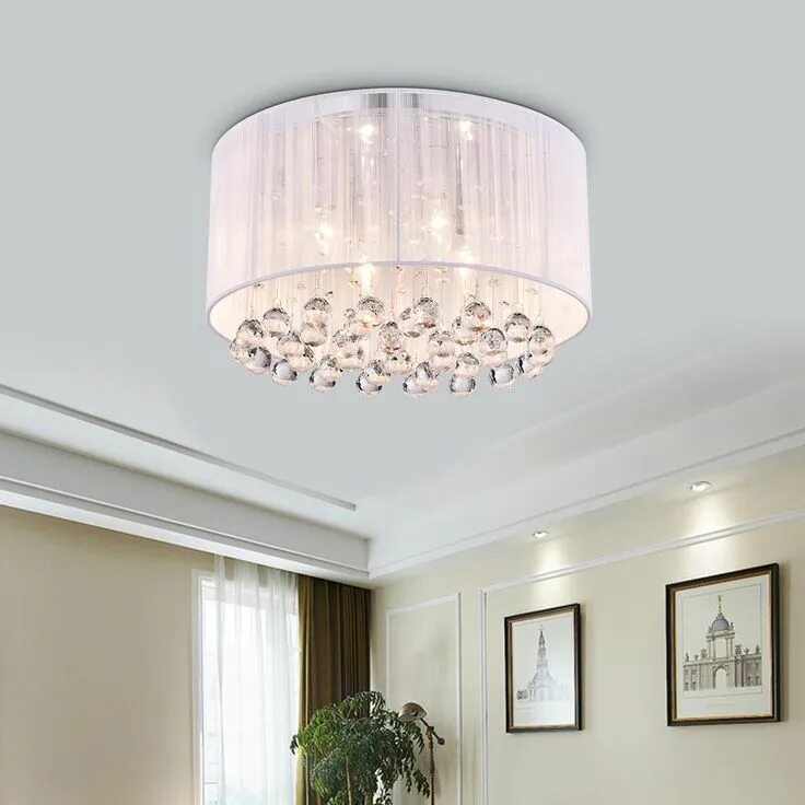 Потолочные люстры для низких потолков фото Edvivi Belle 4-Light Chrome Flush Mount with White Threaded Drum Shade and Clear