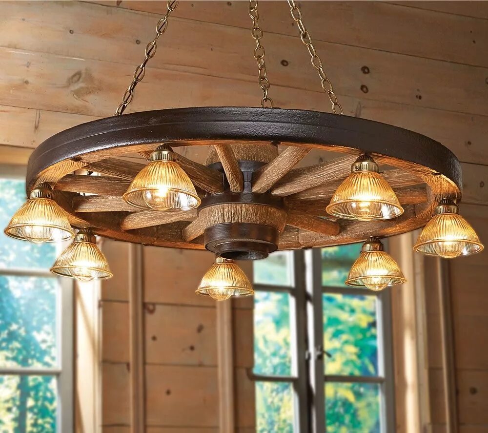 Потолочные светильники для деревянной беседки фото Large Wagon Wheel Chandelier with Downlights Rustic chandelier, Wagon wheel chan