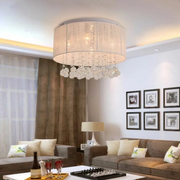 Потолочные светильники фото в интерьере гостиной Modern Fashion Luxurious K9 Crystal White Fabric Led E14*4 Heads Ceiling Lamp Fo