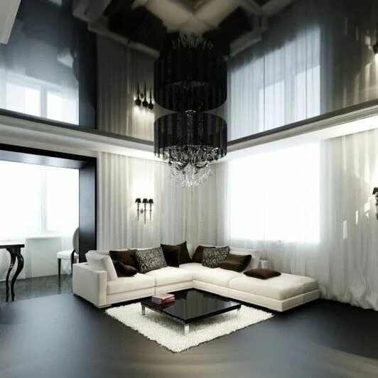 Потолок черный глянец фото A perfect example how high-gloss stretch ceiling can make any place twice as big