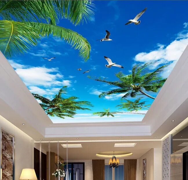 Потолок фон фото Custom Wallpaper Ceiling Murals, Palm Blue Sky For The Living Room Ceiling Apart